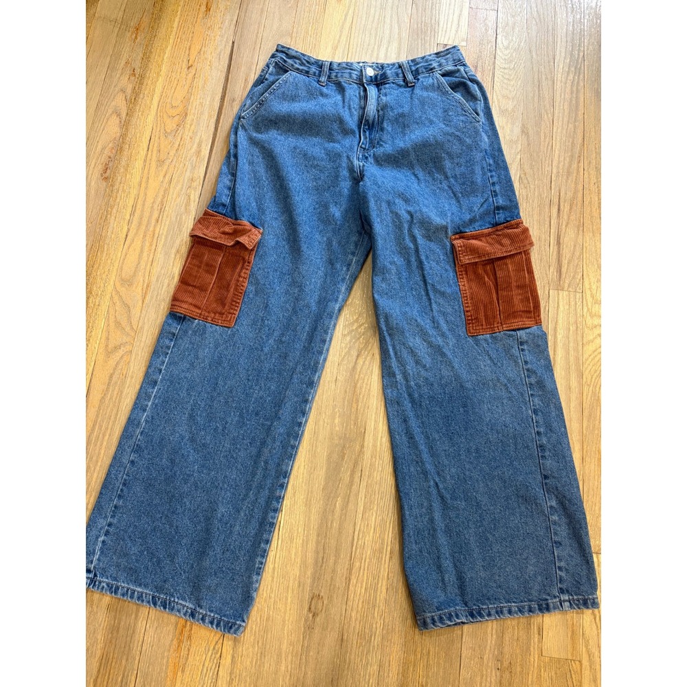 Forever 21 Womens Wide Leg Cargo Jeans Blue Denim Brown Corduroy Pockets Size 28